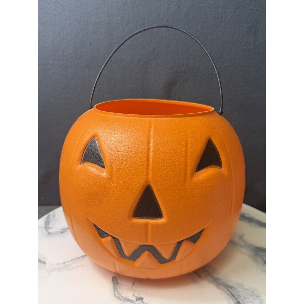 90's Orange Jack-O-Lantern Pumpkin Blow Mold Trick-Or-Treat Bucket Halloween